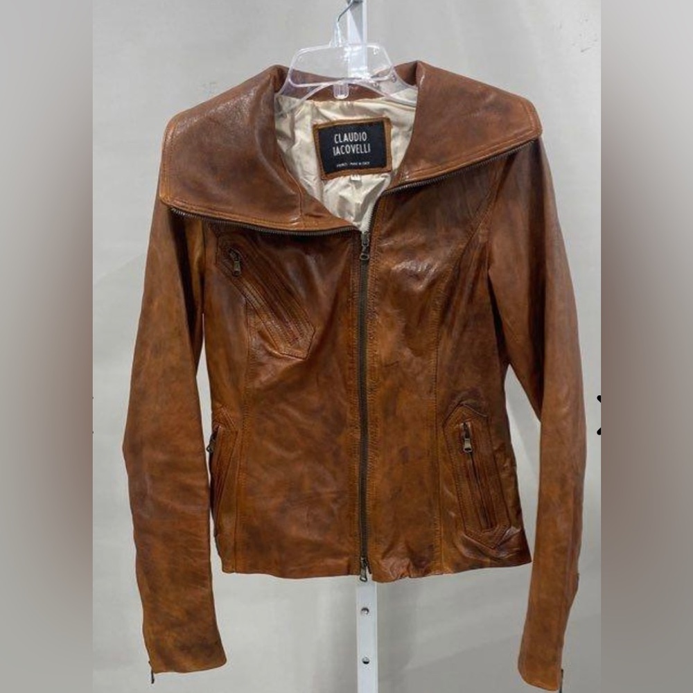 Claudio Icovelli Women's Brown Leather Zip Front Turtleneck Jacket - Size 44